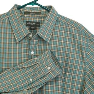 Eddie Bauer Vintage Men's Large Long sleeve‎ Button Down Shirt Plaid Teal/Yellow